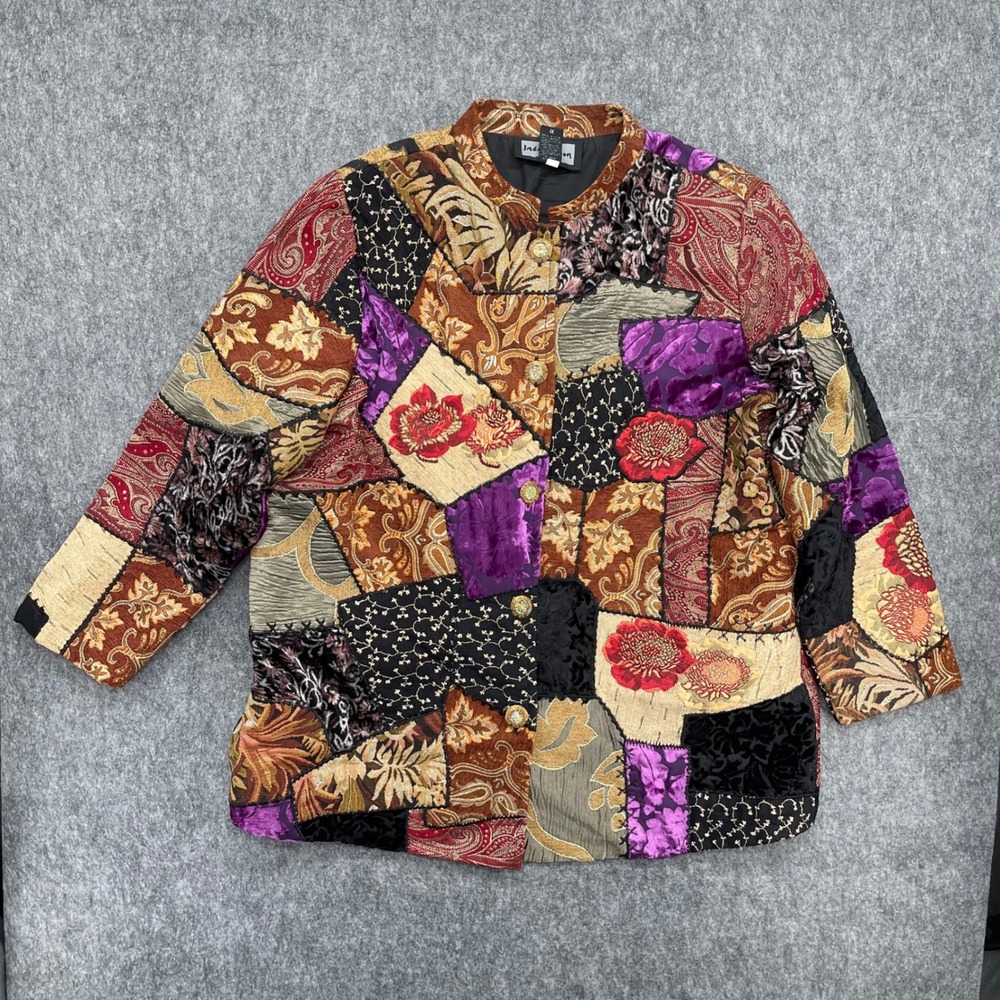 Indigo Moon Jacket Womens 1X Silk Blend Floral Paisley Blazer Patchwork Tapestry